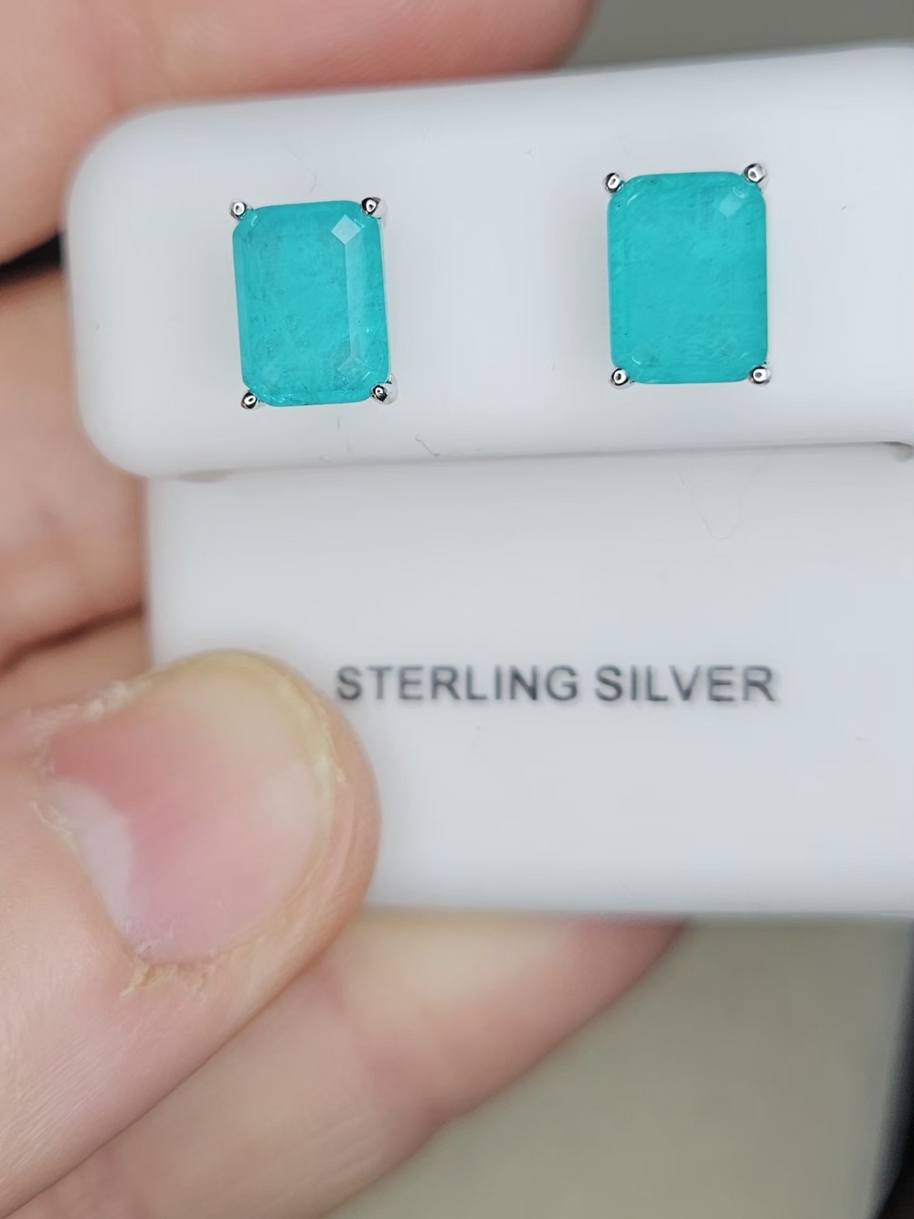 Sterling Silver Turquoise-Blue Amazonite Emerald Cut Stud Earrings